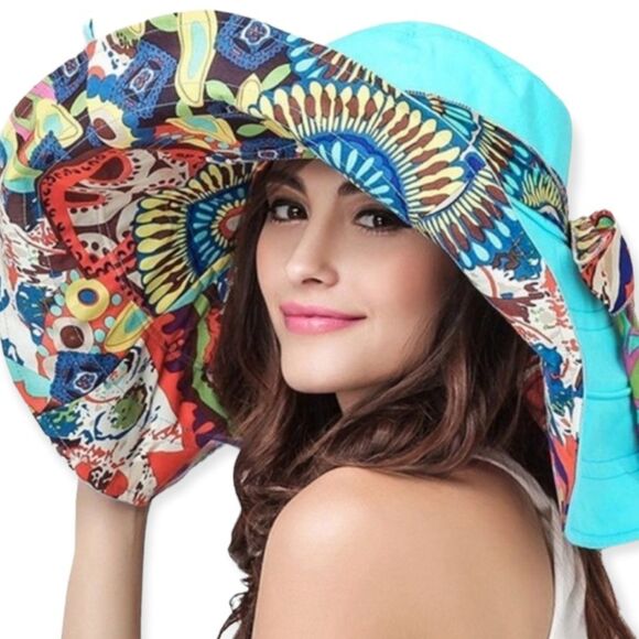 Colorful Blue Wide Brim Reversible Packable Summer Sun Hat NEW - Picture 2 of 3